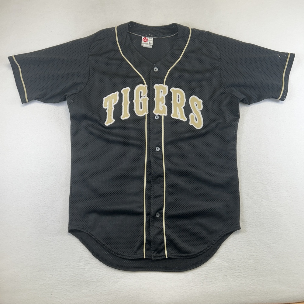 Tigers Baseball Jersey Mens Large Black Gold Button Front Mesh Rawlings #5